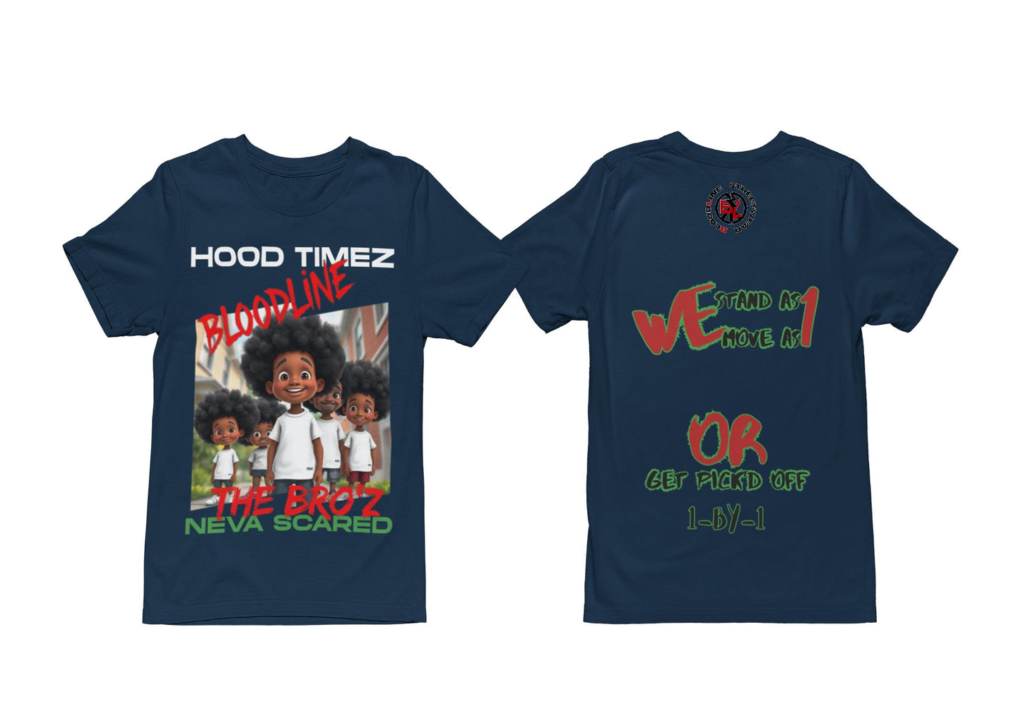 navy blue t-shirt with graphic designs and text on a white background