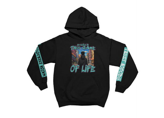 Black hoodie with graphic design and text on a white background