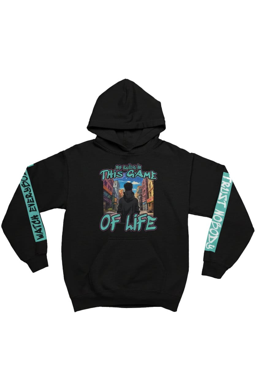 Black hoodie with graphic design and text on a white background