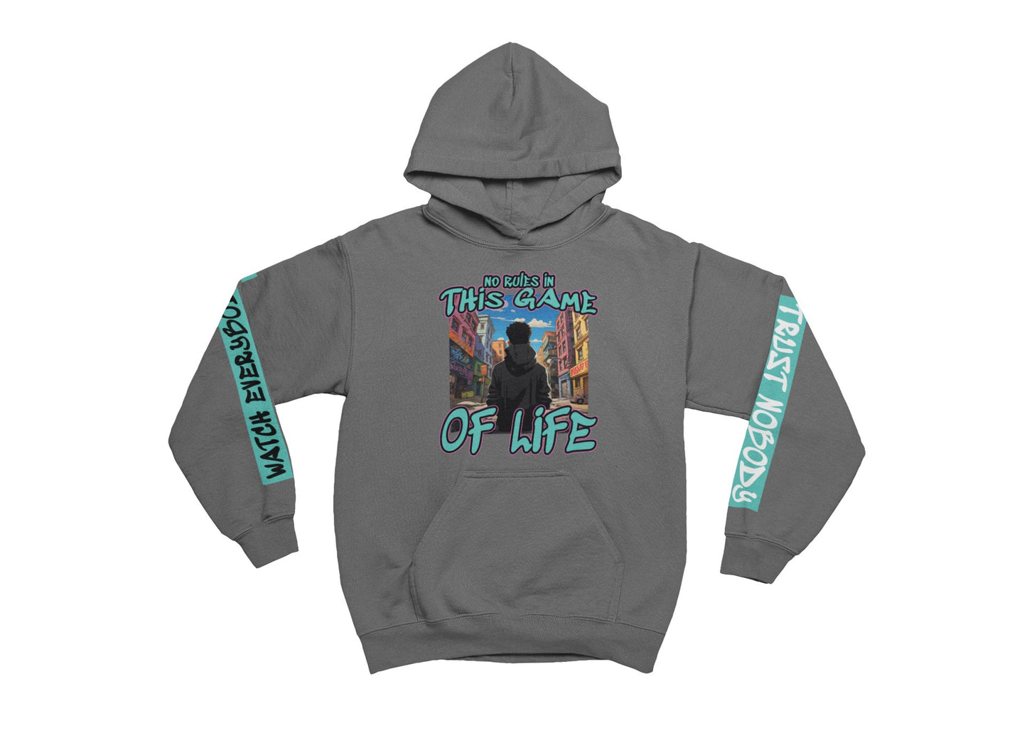 Charcoal hoodie with graphic design on a white background