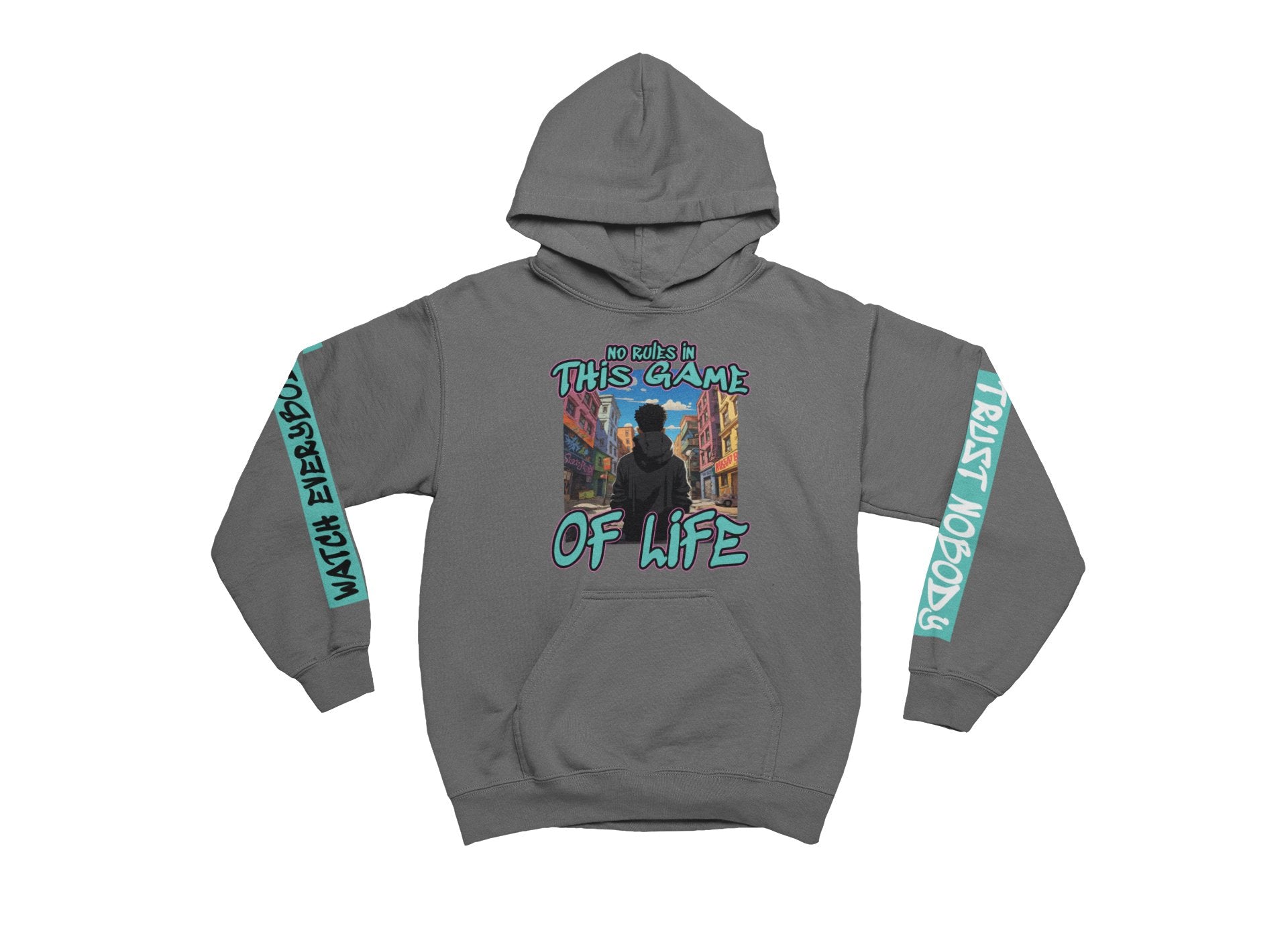 Charcoal hoodie with graphic design on a white background