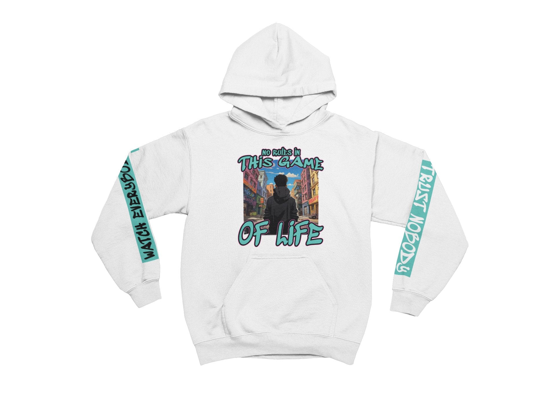 White hoodie with graphic design and text on a white background