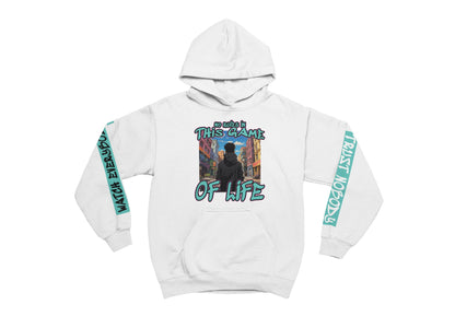 White hoodie with graphic design and text on a white background