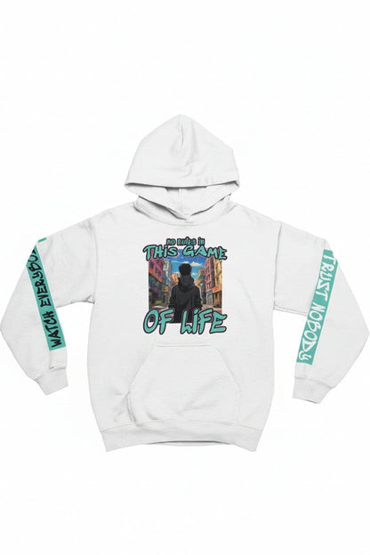 White hoodie with graphic design and text on a white background