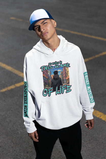 Person wearing a white hoodie with graphic design and text on a street background