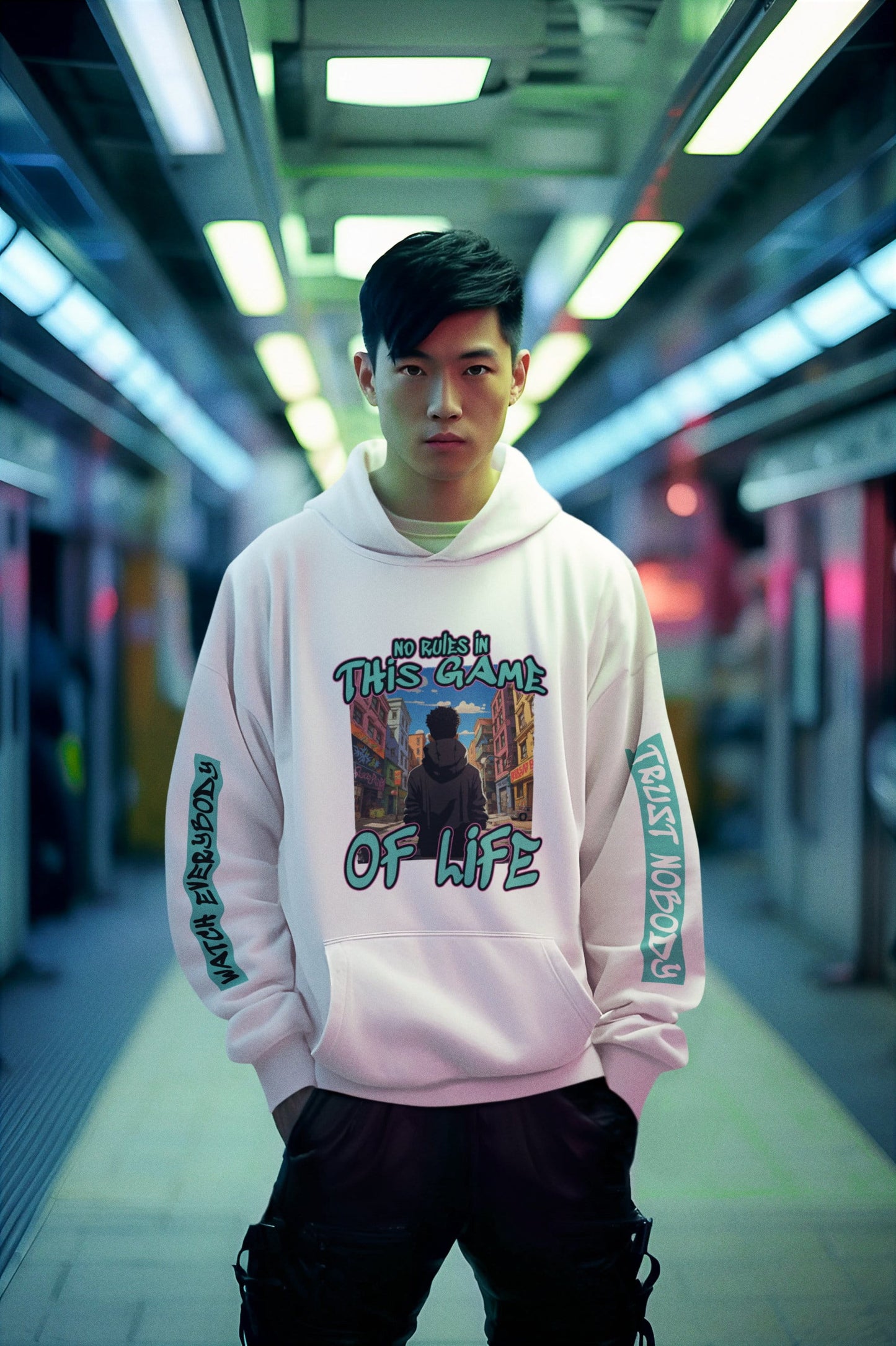 Person wearing a hoodie with graphic design in an urban setting