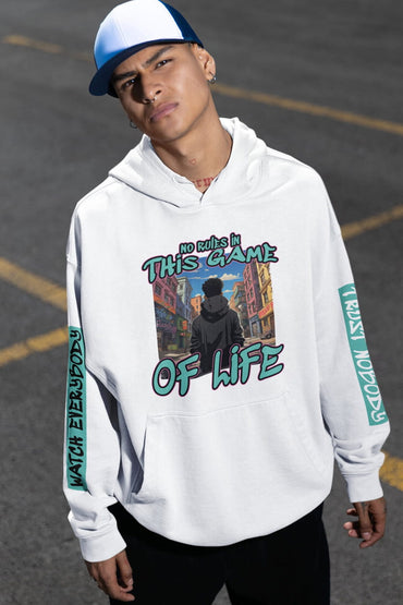 Person wearing a white hoodie with graphic design and text on a street background