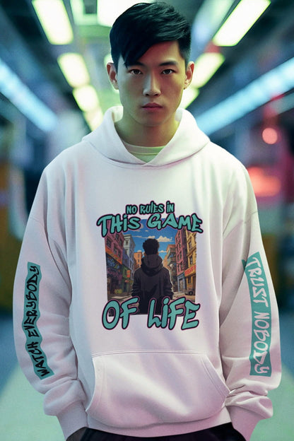 Person wearing a hoodie with graphic design and text in an urban setting