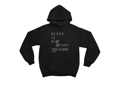 Black hoodie with text 'BLACK IS HIS STORY THIS IS MINE' on a white background