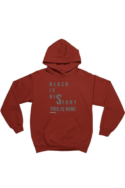 Red hoodie with text 'BLACK IS HIS STORY THIS IS MINE' on a white background