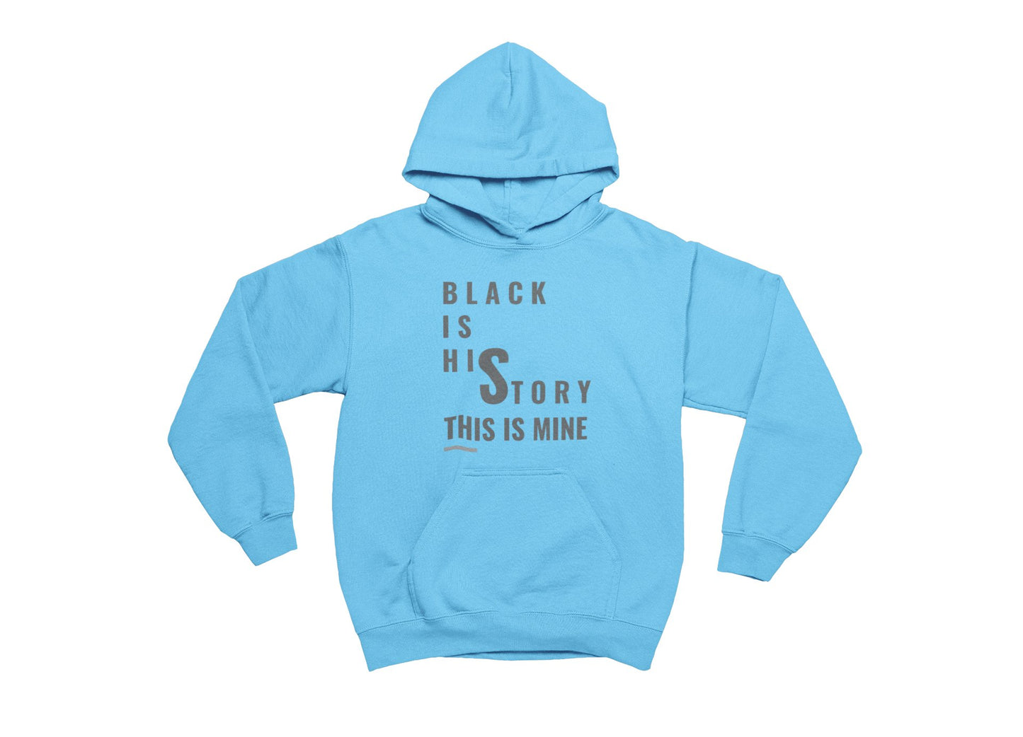 sky blue hoodie with text on a white background