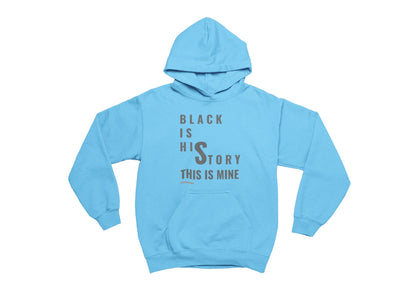 sky blue hoodie with text on a white background