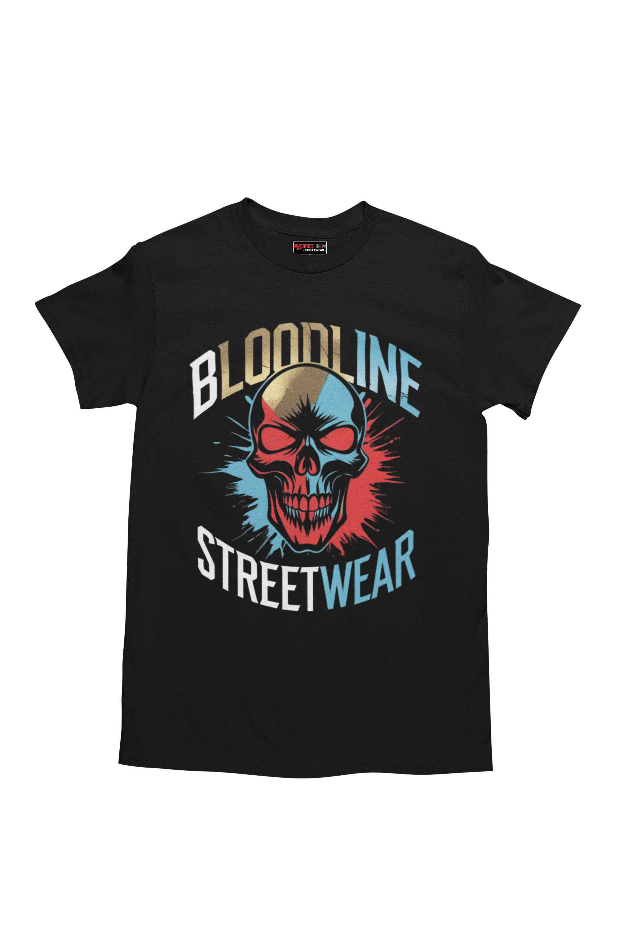 Black t-shirt with a colorful skull design and 'Bloodline Streetwear' text on a white background