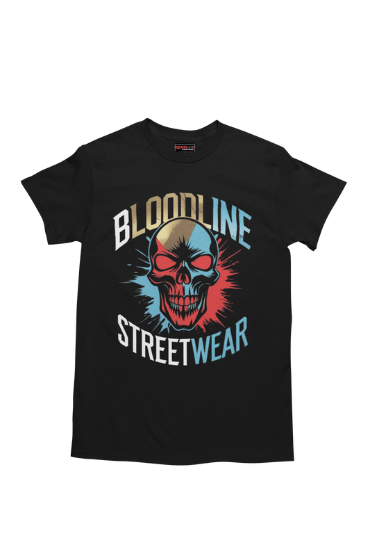 Black t-shirt with a colorful skull design and 'Bloodline Streetwear' text on a white background