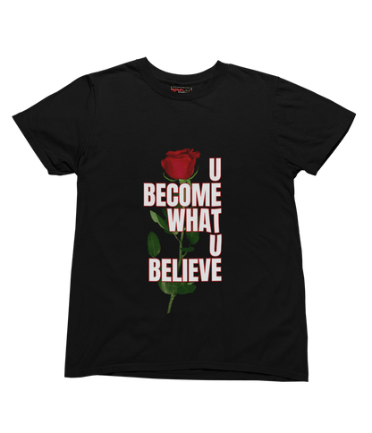 Black t-shirt with a red rose and motivational text on a transparent background