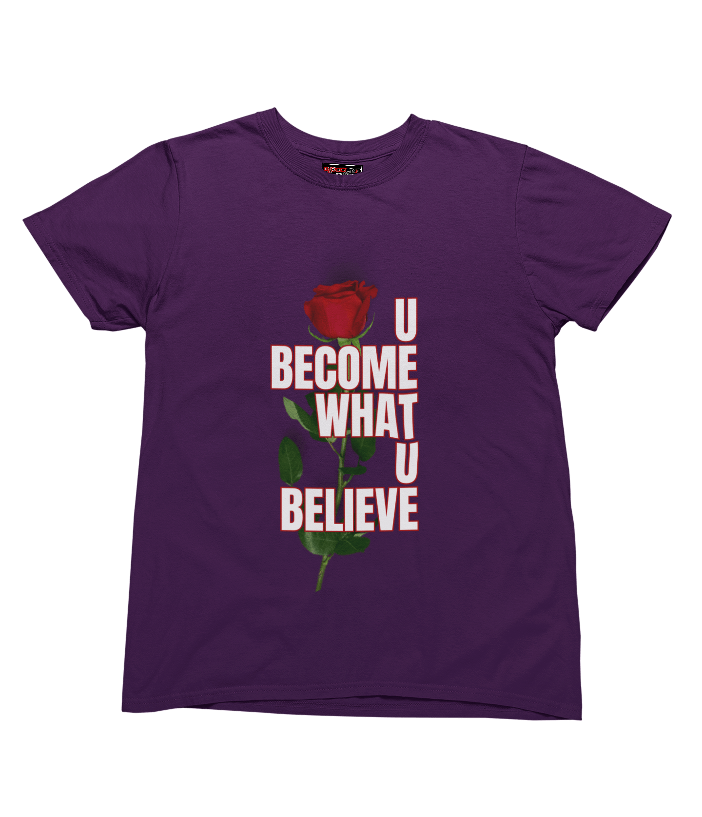 Purple t-shirt with a red rose and motivational text on a transparent background
