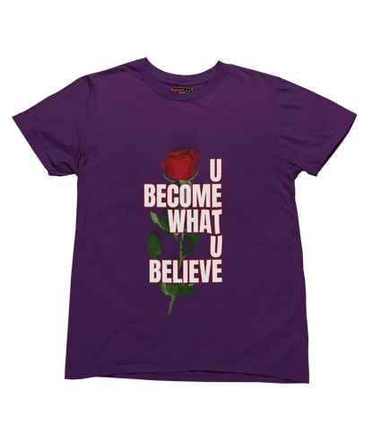 Purple t-shirt with a red rose and motivational text on a transparent background