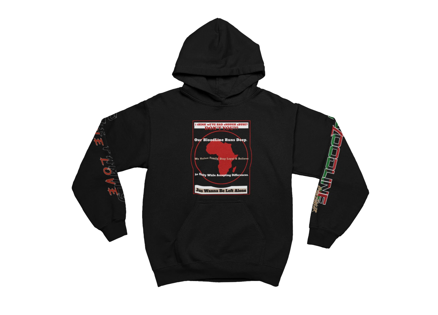 Black hoodie with graphic design on a white background