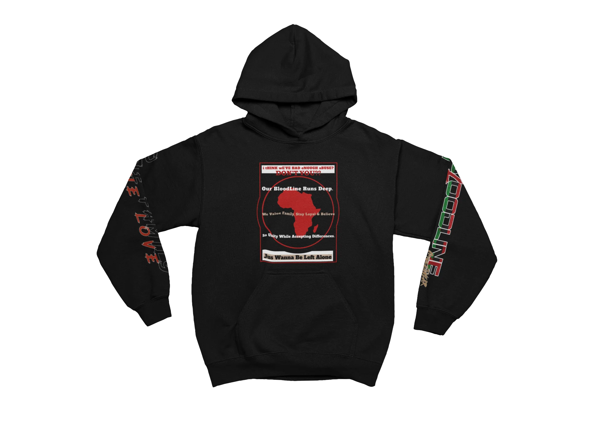 Black hoodie with graphic design on a white background