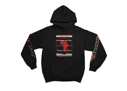 Black hoodie with graphic design on a white background