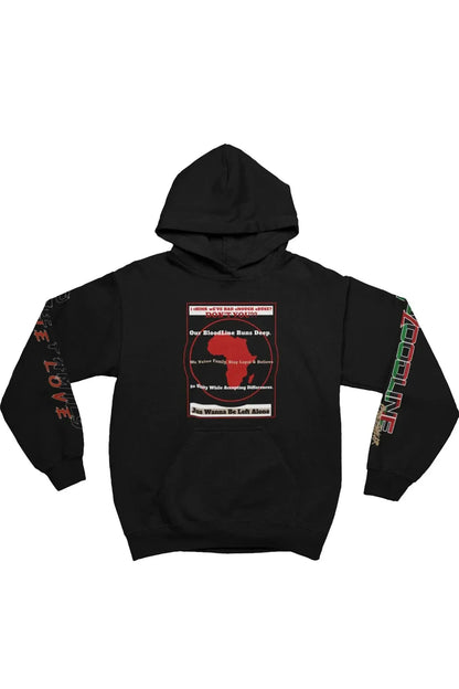 A black pullover hoodie with a central graphic print featuring a red silhouette of Africa and text, with red text printed down both sleeves.