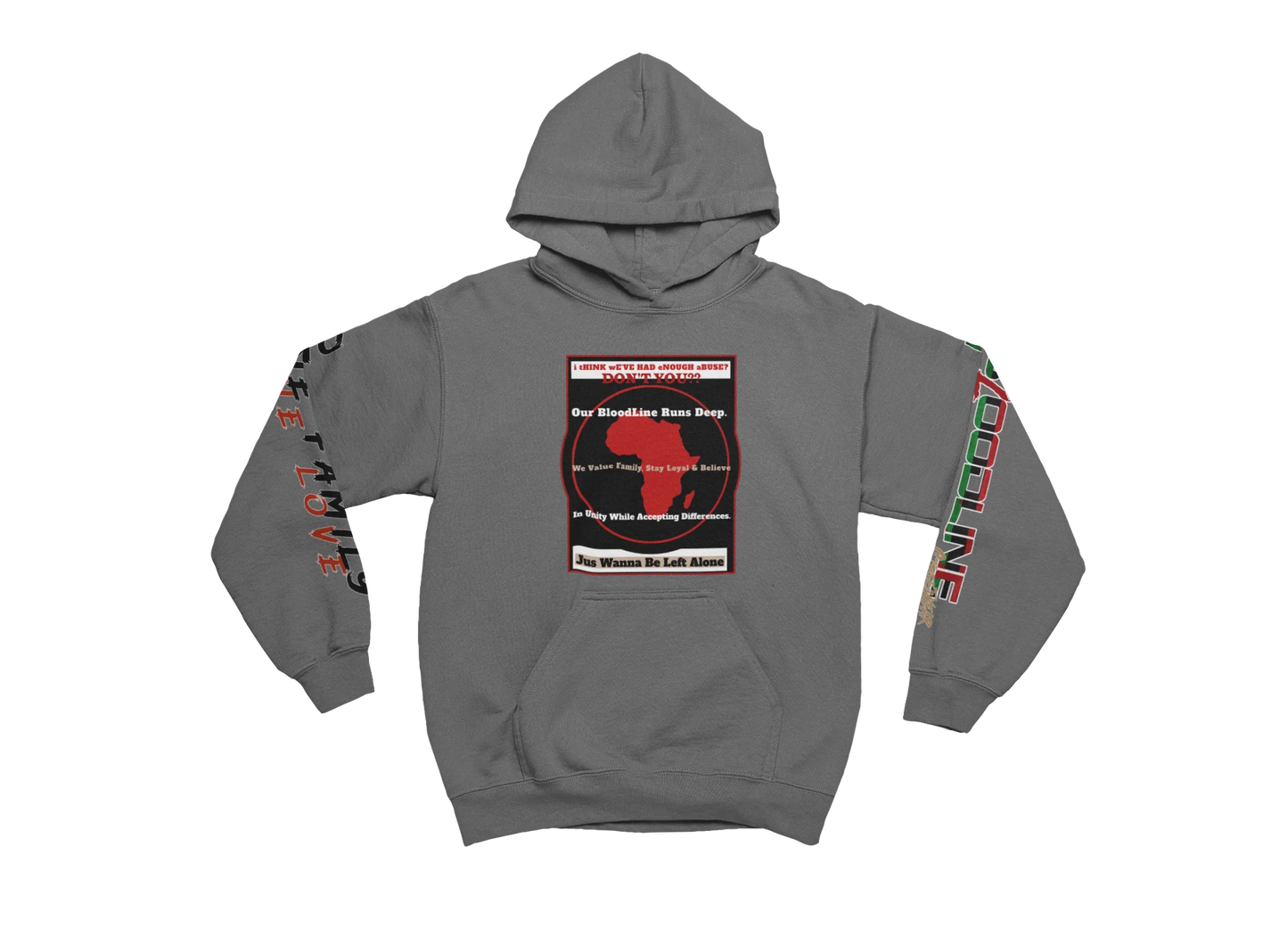 charcoal hoodie with graphic design on a white background