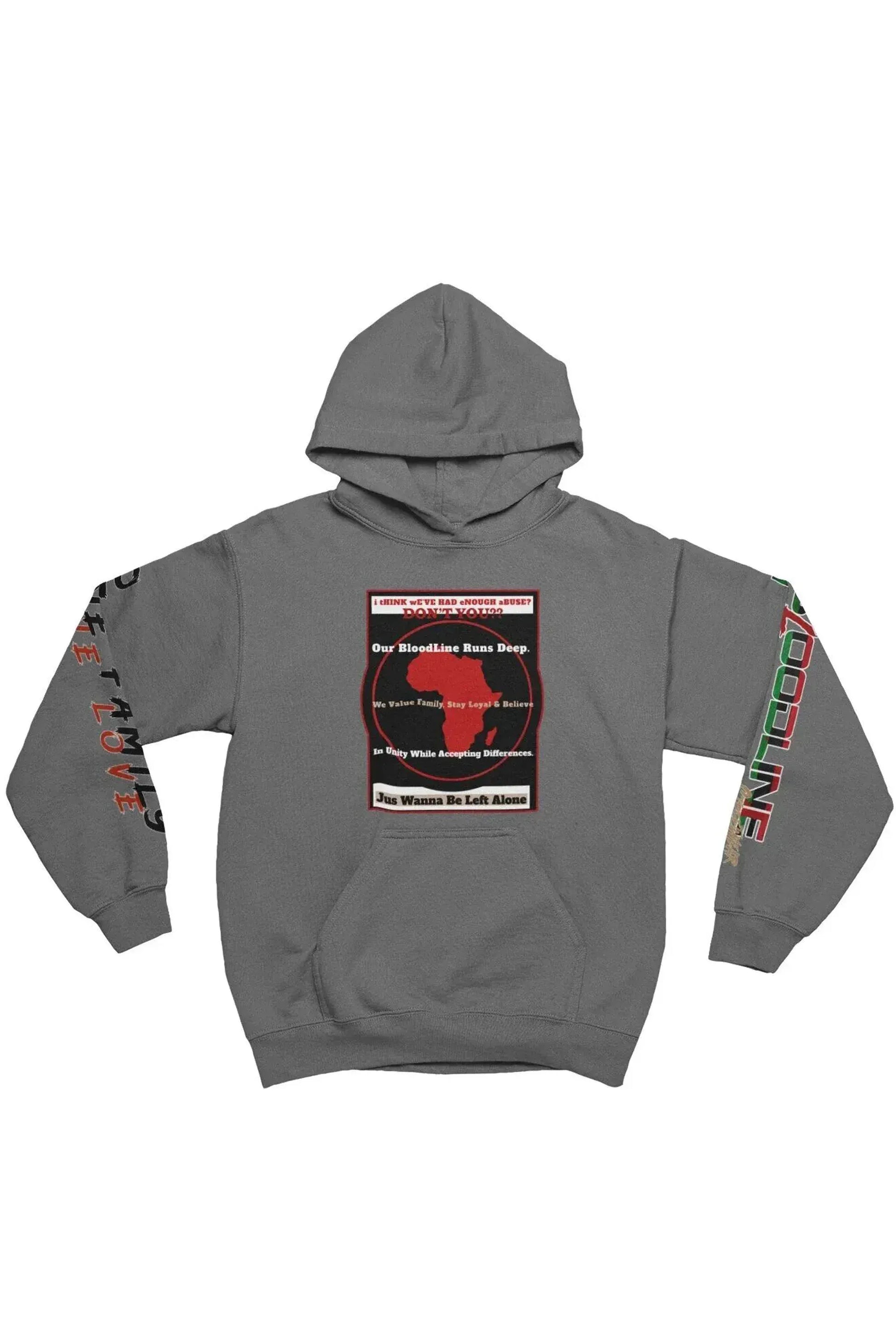 A dark gray pullover hoodie with a red and black graphic on the chest and colorful text graphics down both sleeves, displayed against a plain white background.