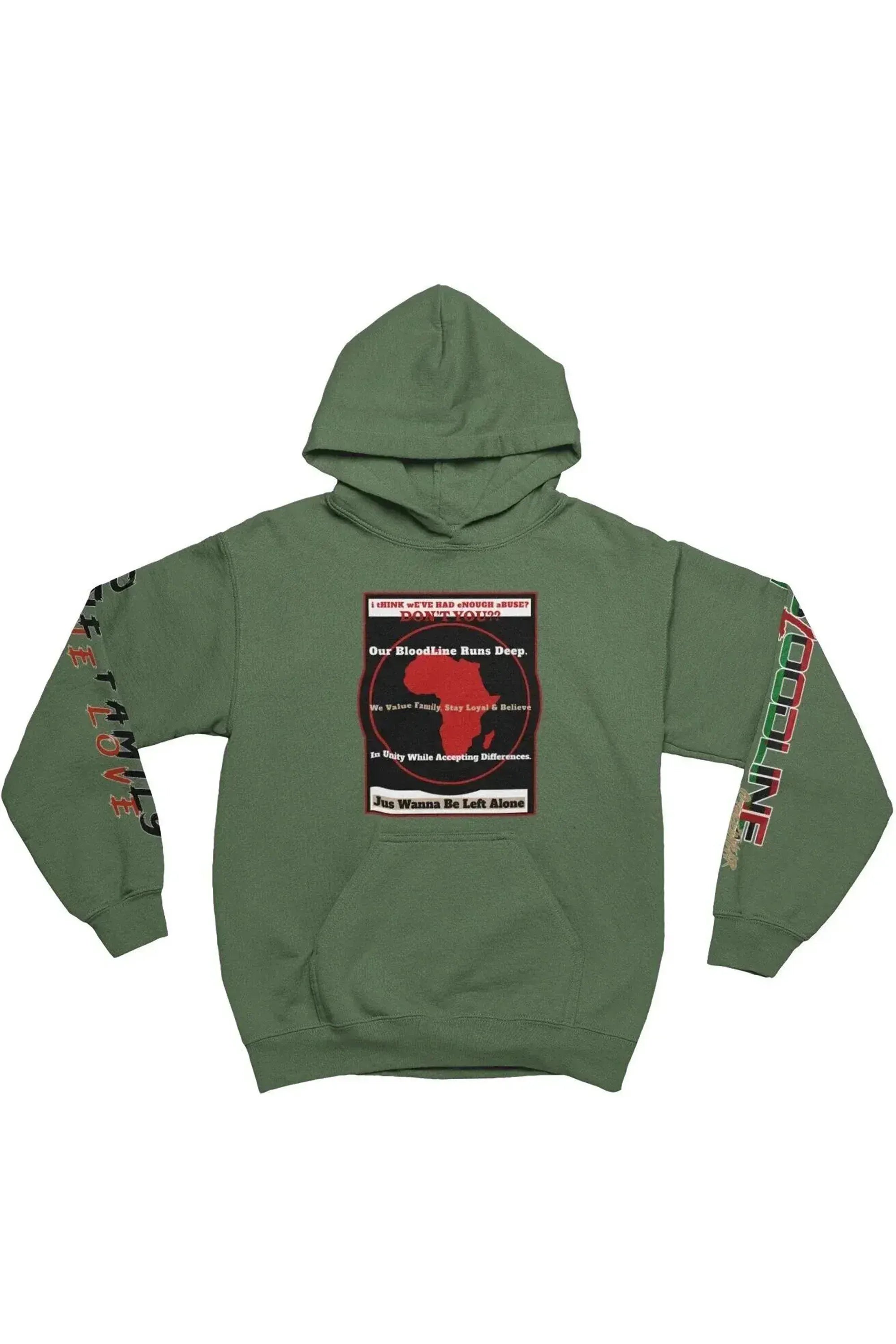 An olive green pullover hoodie with a central graphic print featuring a red map of Africa and text, along with red and green text graphics on both sleeves, displayed against a plain white background.