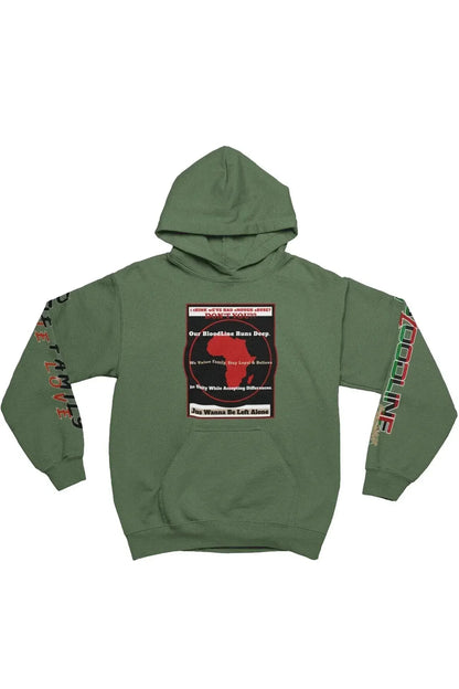 An olive green pullover hoodie with a central graphic print featuring a red map of Africa and text, along with red and green text graphics on both sleeves, displayed against a plain white background.