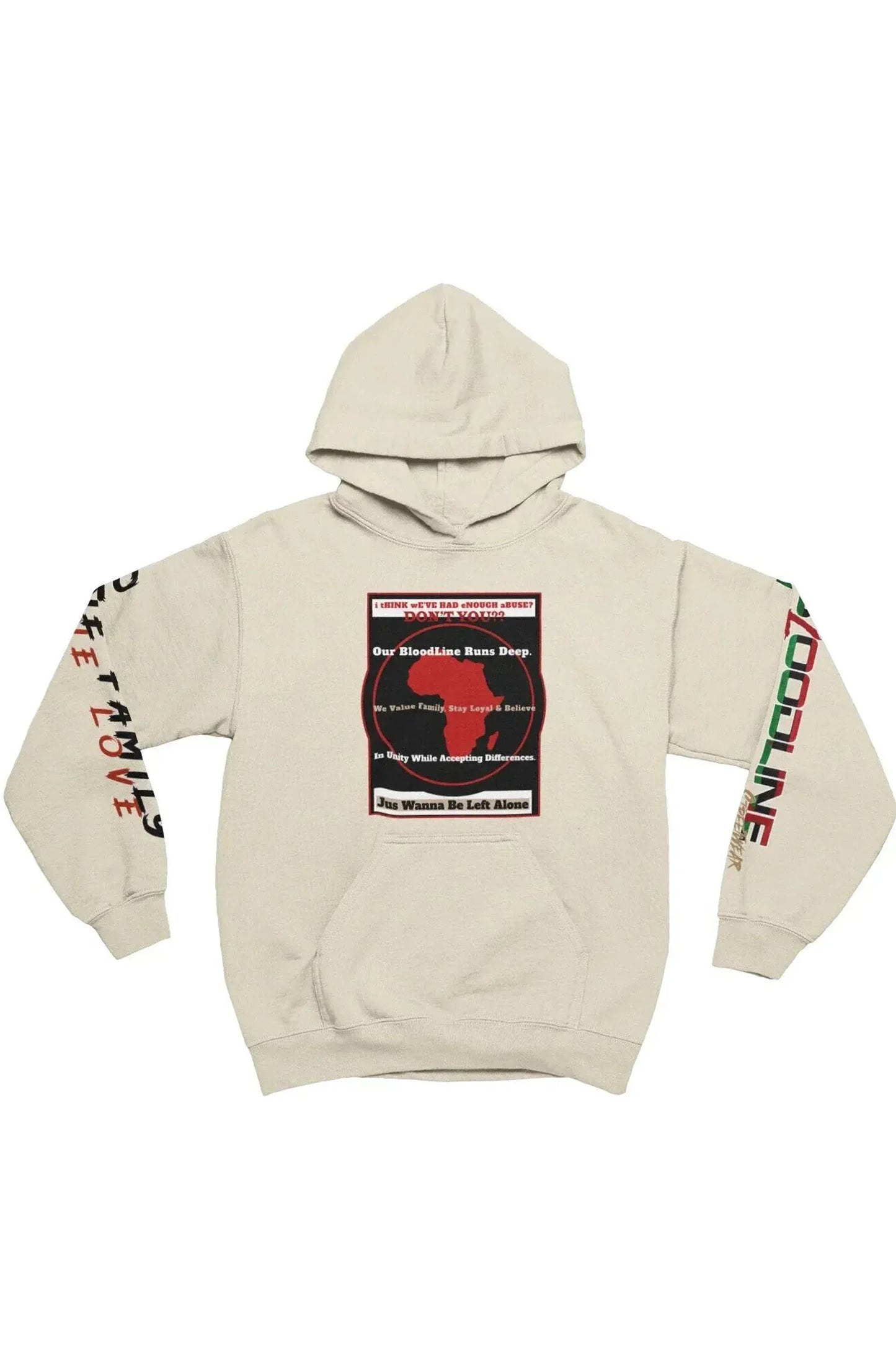 A beige pullover hoodie with a large graphic print on the front and text graphics on both sleeves, displayed against a plain white background.
