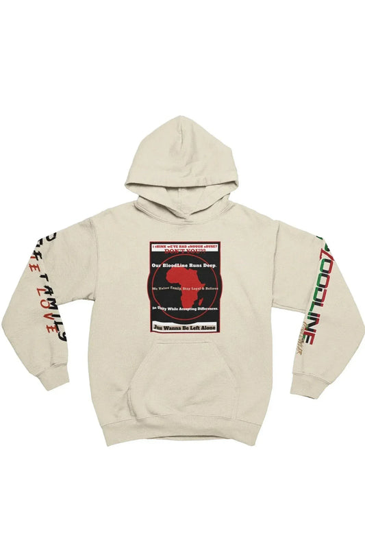 A beige pullover hoodie with a large graphic print on the front and text graphics on both sleeves, displayed against a plain white background.