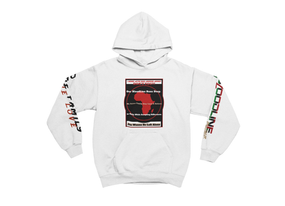 White hoodie with graphic design on a white background