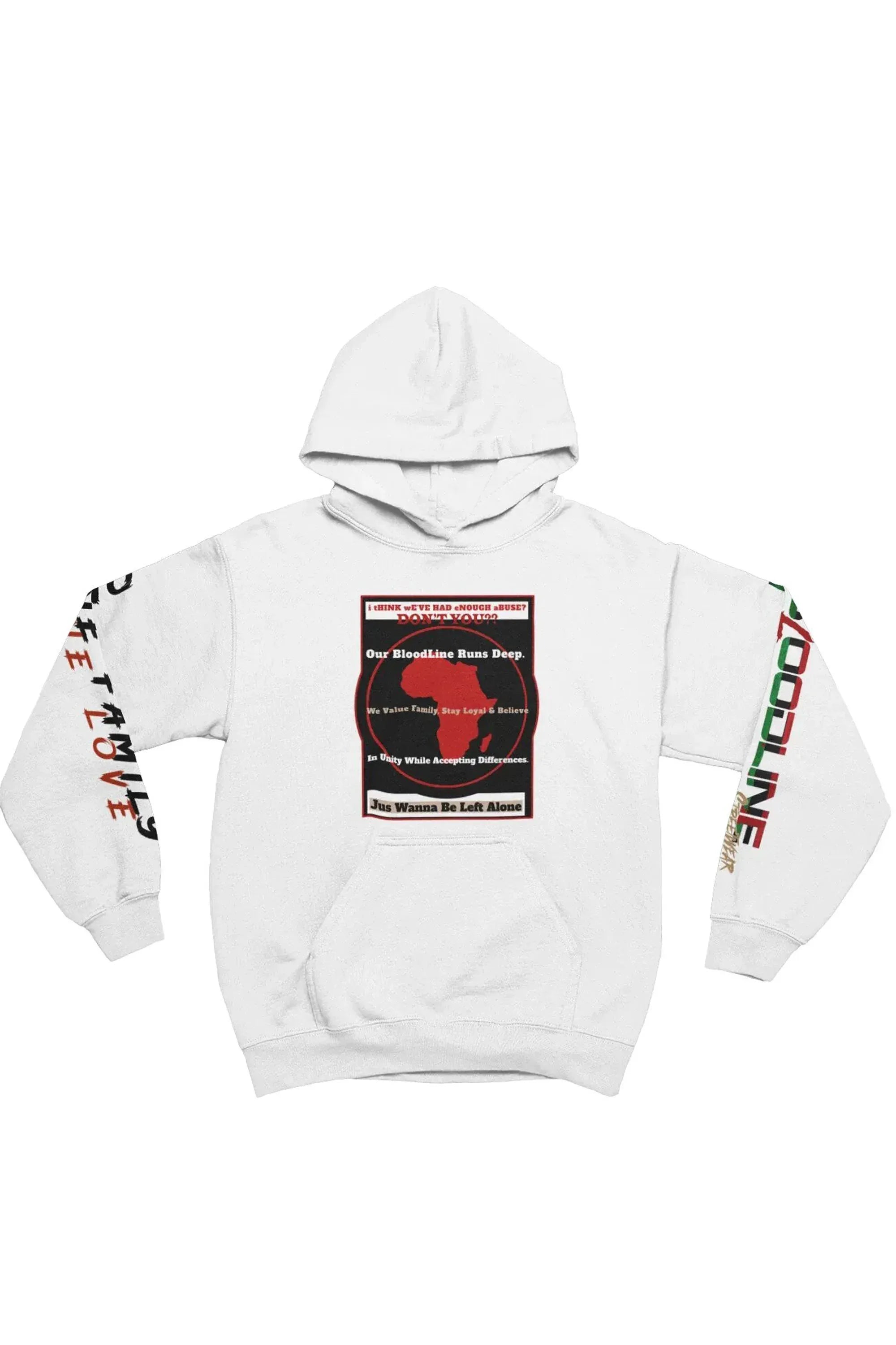 An white pullover hoodie with a central graphic print featuring a red map of Africa and text, along with red and green text graphics on both sleeves, displayed against a plain white background.