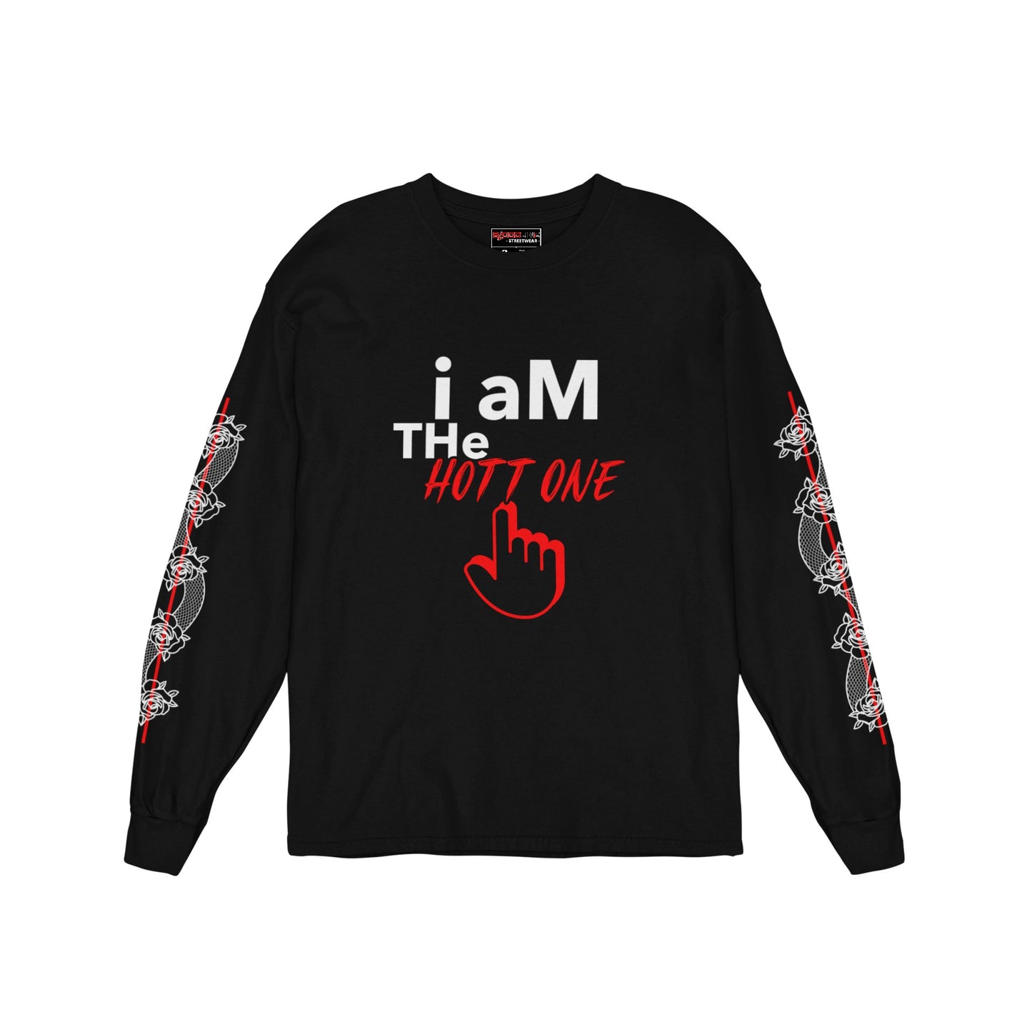 Black long-sleeve shirt with text and graphics on a white background