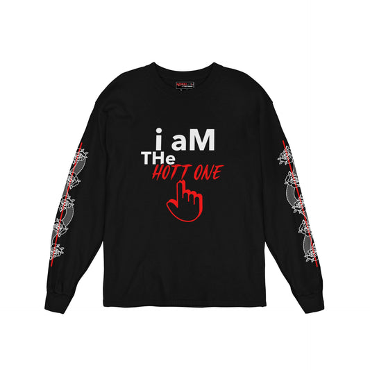 Black long-sleeve shirt with text and graphics on a white background