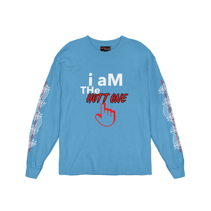 Blue long-sleeve shirt with text and graphic design on a white background