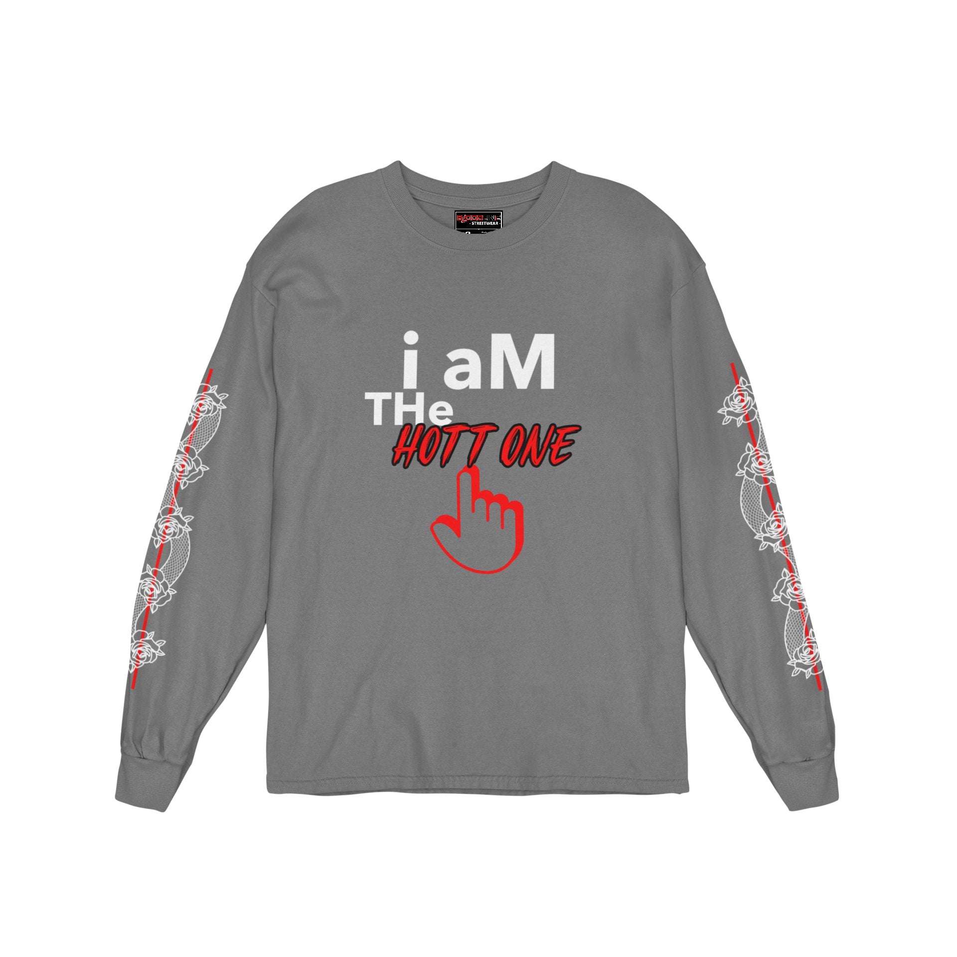 Charcoal long-sleeve shirt with text and graphic design on a white background