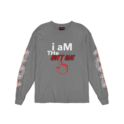 Charcoal long-sleeve shirt with text and graphic design on a white background