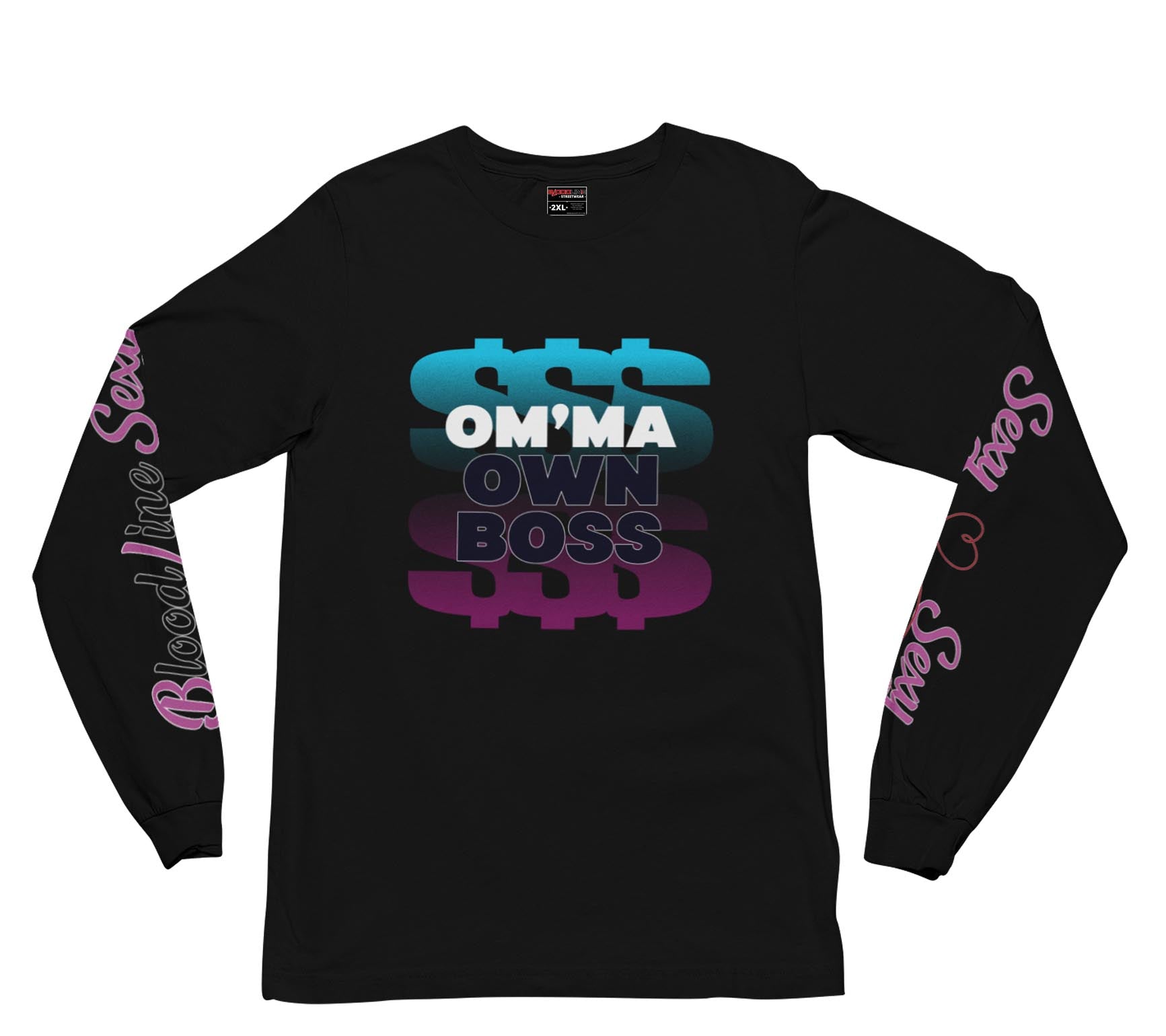 Black long-sleeve shirt with colorful text design on a white background