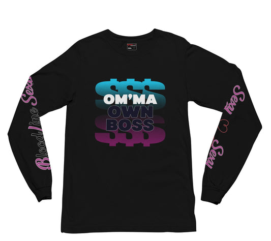 Black long-sleeve shirt with colorful text design on a white background