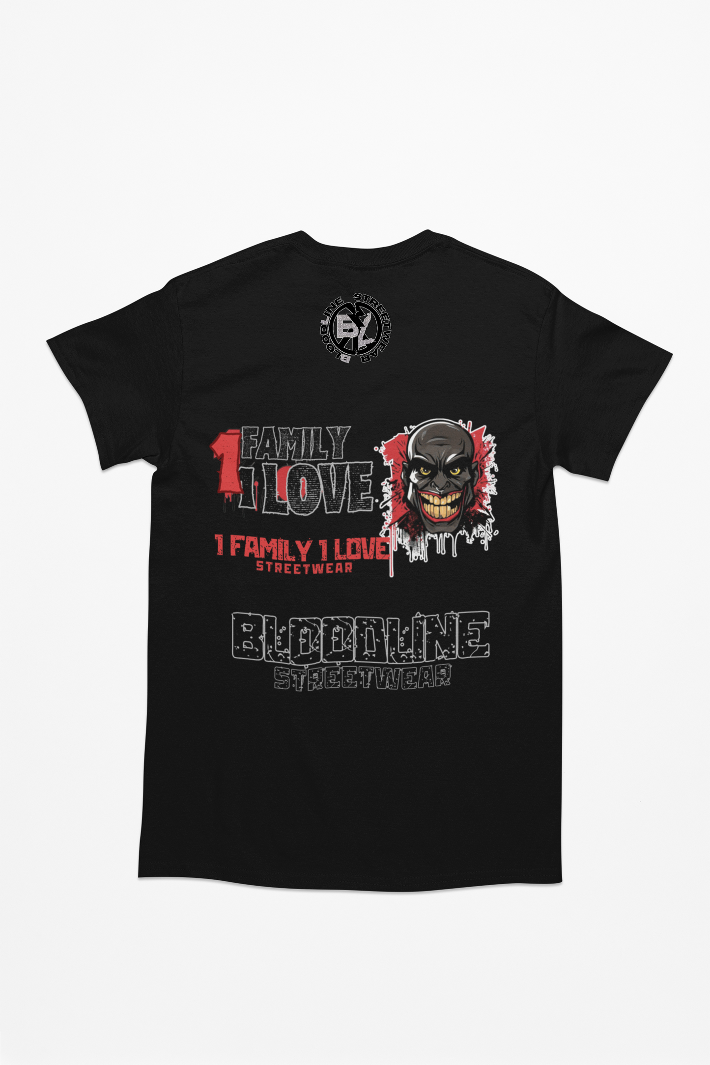 Black t-shirt with graphic design and text on a white background