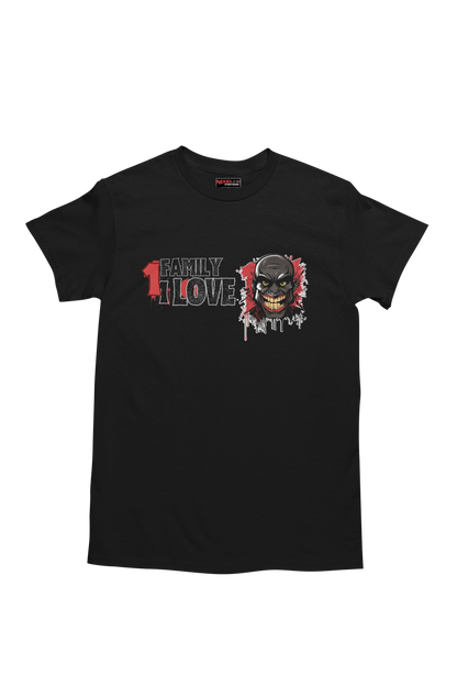 Black t-shirt with a graphic design featuring a skull and text on a white background