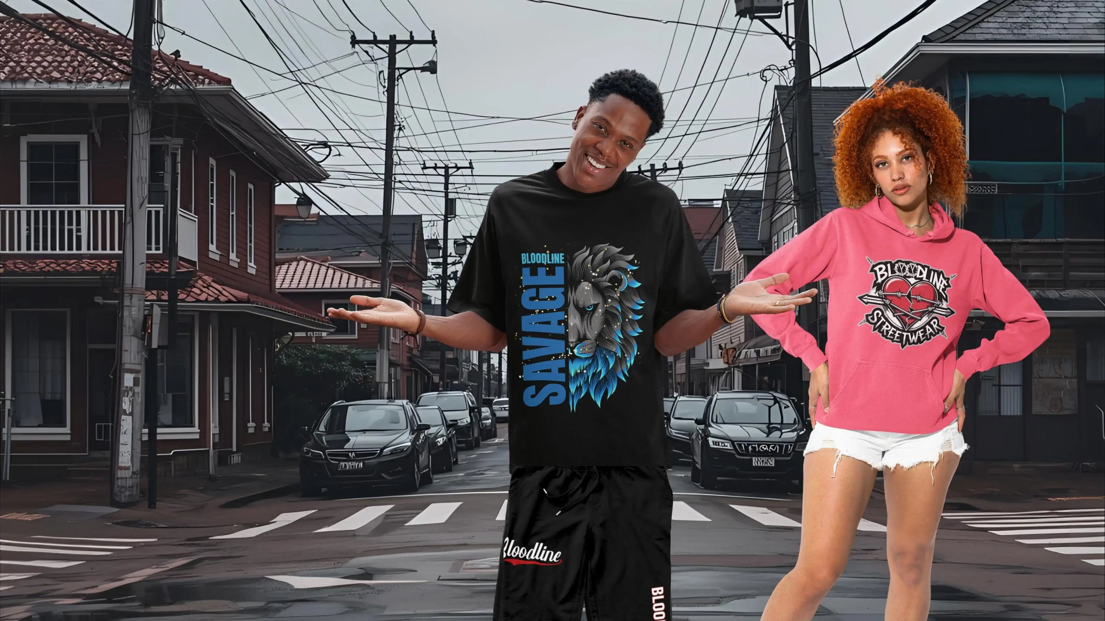 Two people standing on a street with buildings and cars in the background