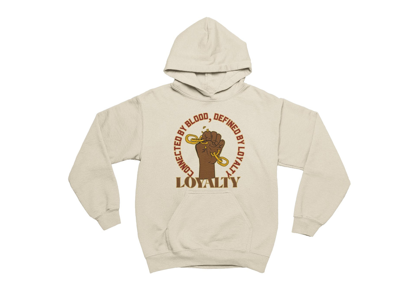 sand hoodie with graphic design and text on a white background