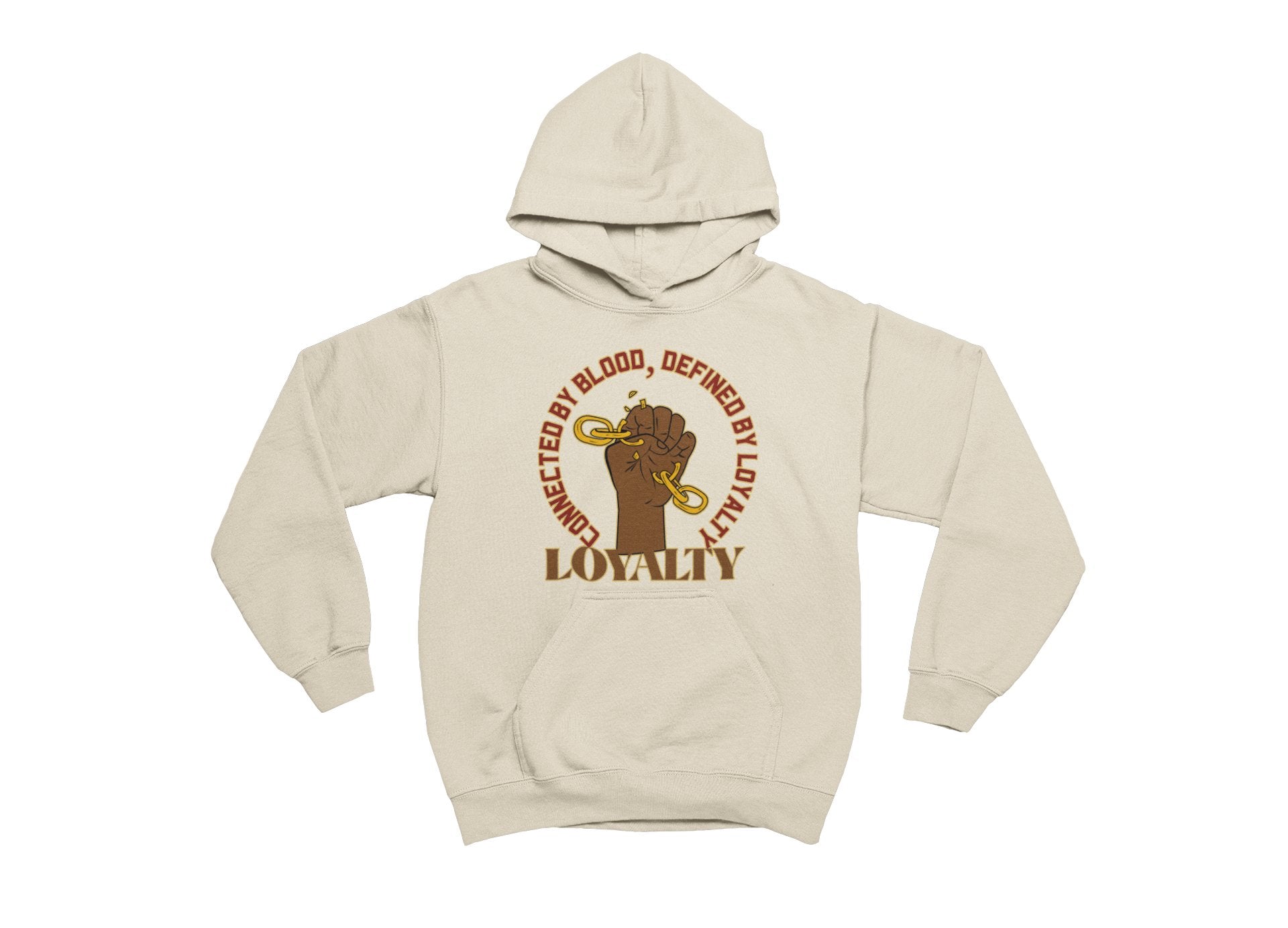 sand hoodie with graphic design and text on a white background