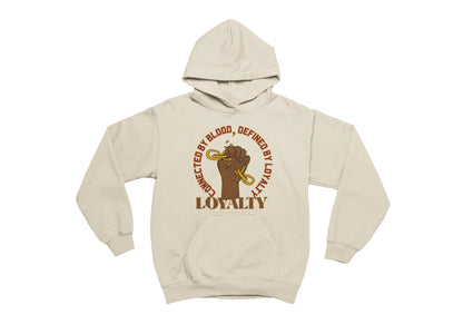 sand hoodie with graphic design and text on a white background