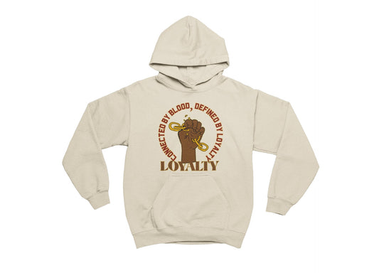 sand hoodie with graphic design and text on a white background