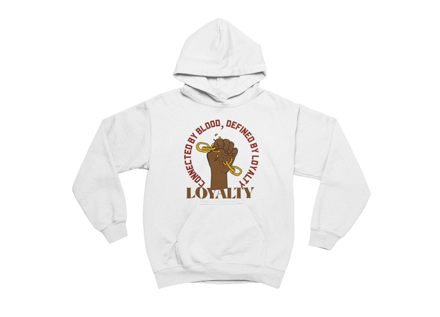 White hoodie with a graphic design on a white background