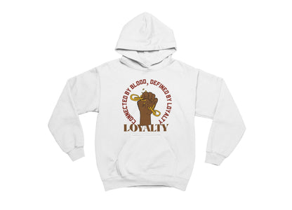 White hoodie with a graphic design on a white background
