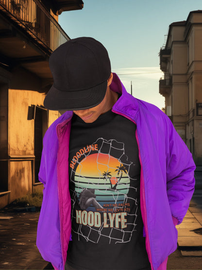 Person wearing a black cap, purple jacket, and graphic t-shirt with 'Hood Lyfe' design.